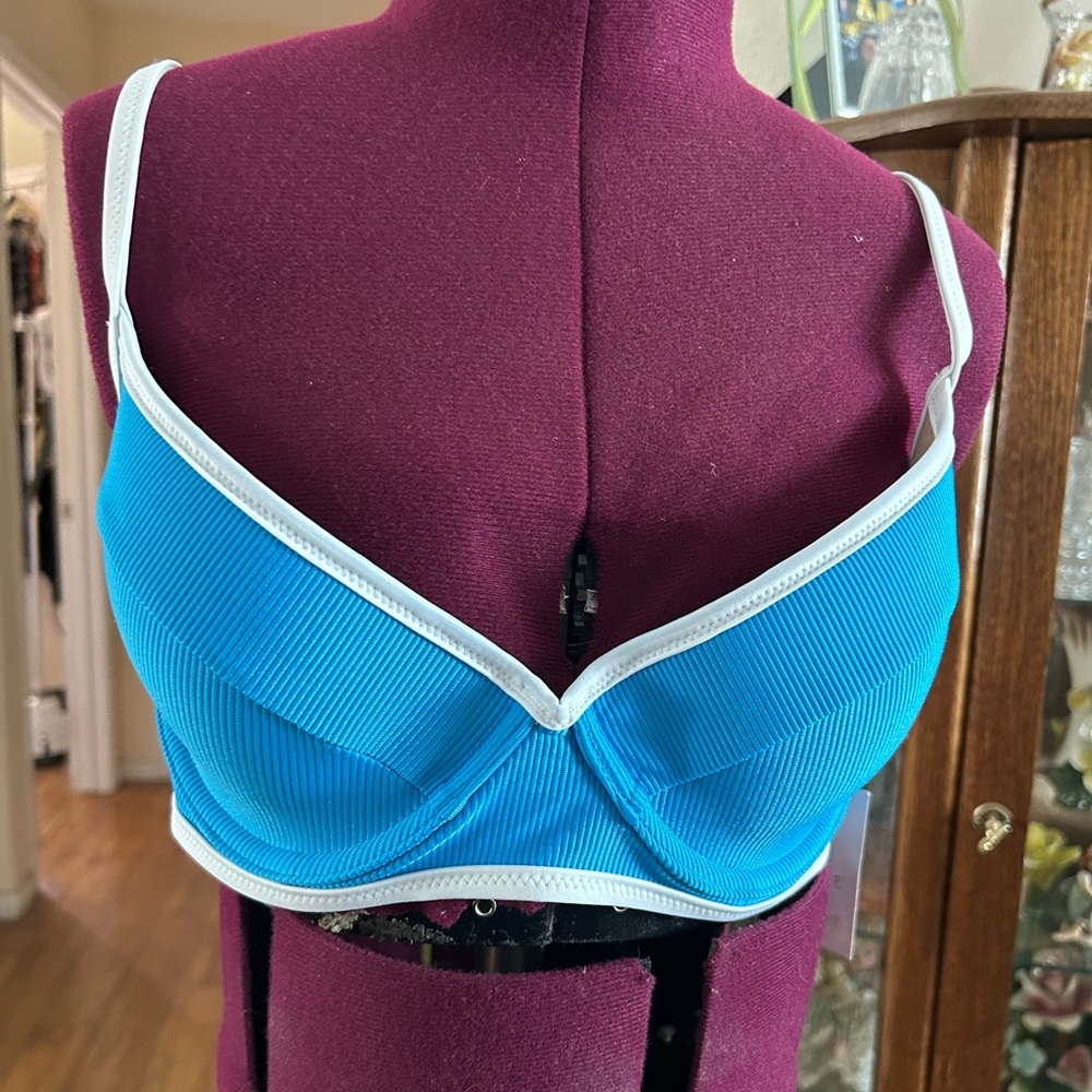 Shade & Shore Turquoise Blue Bikini Top with White Trim